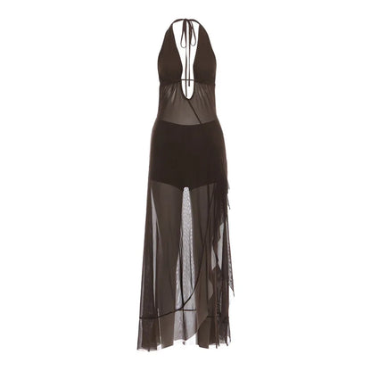 Desert Dust brown sheer mesh halter maxi dress laid flat