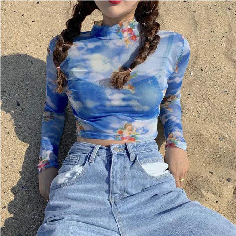 Heaven Sent Blue cherub mesh top cropped long sleeve view
