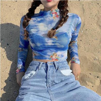 Heaven Sent Blue cherub mesh top cropped long sleeve view