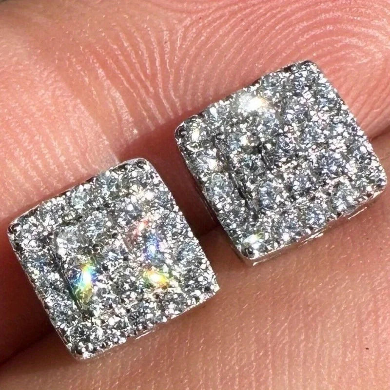 Square pave crystal stud earrings silver