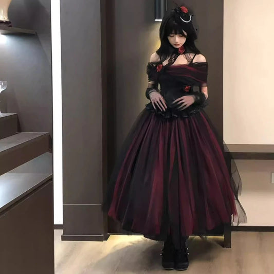 Black and oxblood tulle ball gown full length