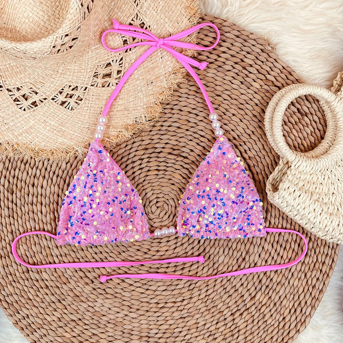 Triangle top with pearl beaded ties detail