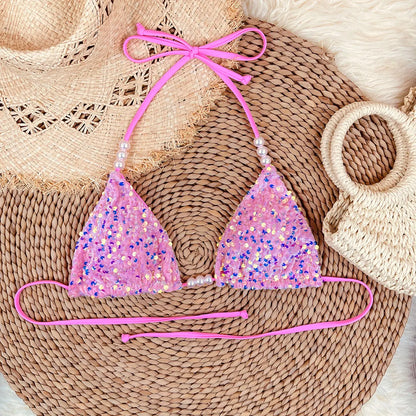 Triangle top with pearl beaded ties detail
