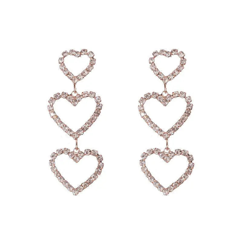 Silver triple heart rhinestone drop earrings