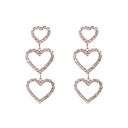 Silver triple heart rhinestone drop earrings