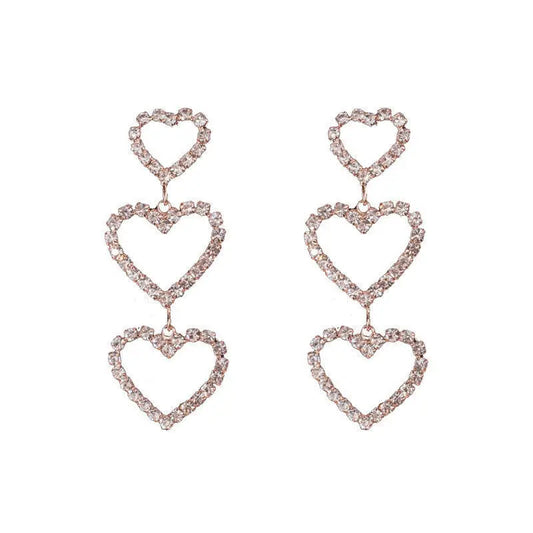 Silver triple heart rhinestone drop earrings