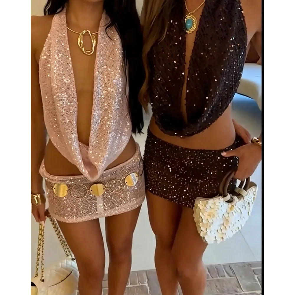 Sequin two piece set shown in pink and brown colorways