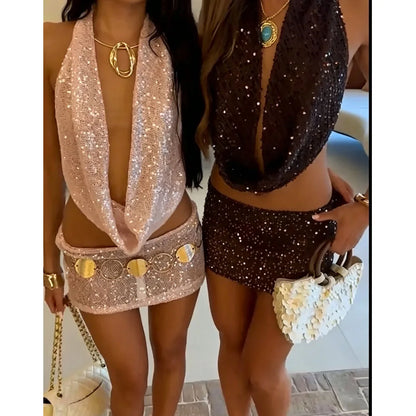 Sequin two piece set shown in pink and brown colorways