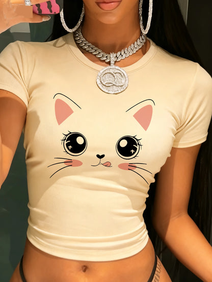 Kawaii cat crop tee in butter yellow
