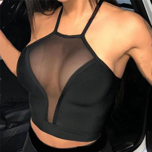 Night Vision mesh panel halter crop top in black