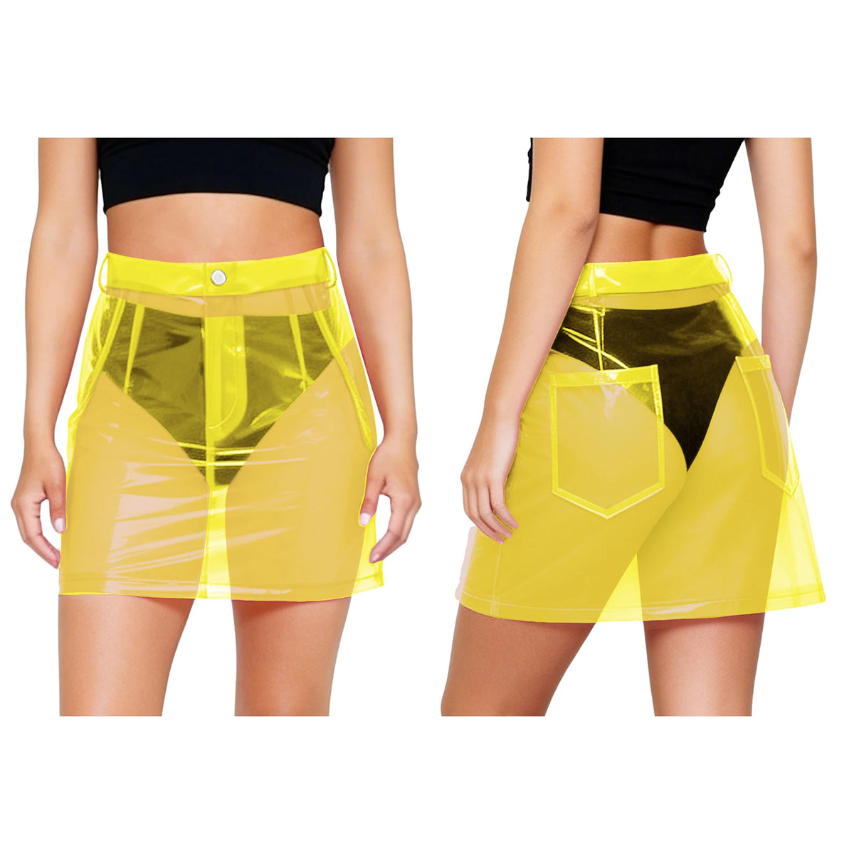 Acid yellow PVC mini skirt front and back