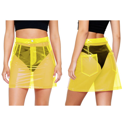 Acid yellow PVC mini skirt front and back
