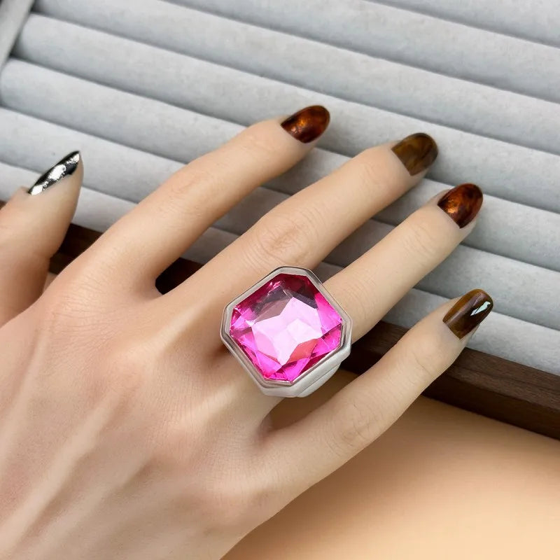 Hot Pink faceted cocktail ring worn