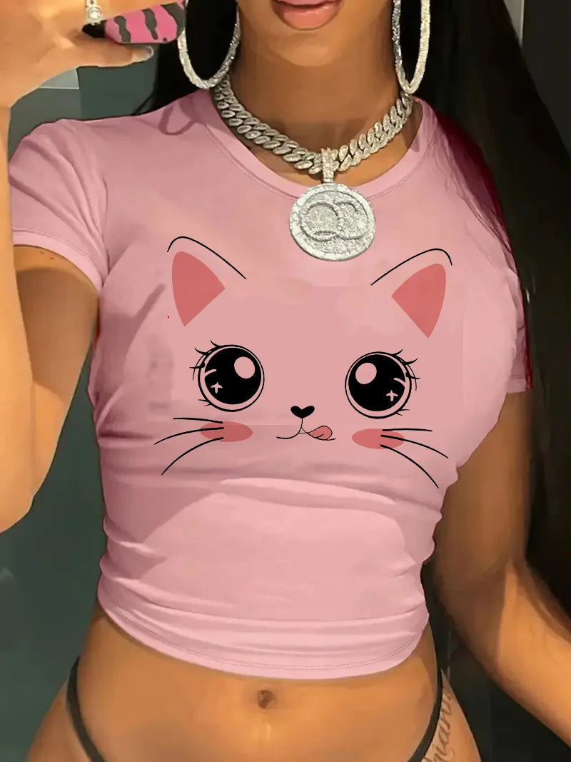 Kawaii cat crop tee in pink