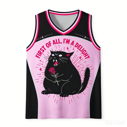 Delight Cat Pink black cat basketball jersey front