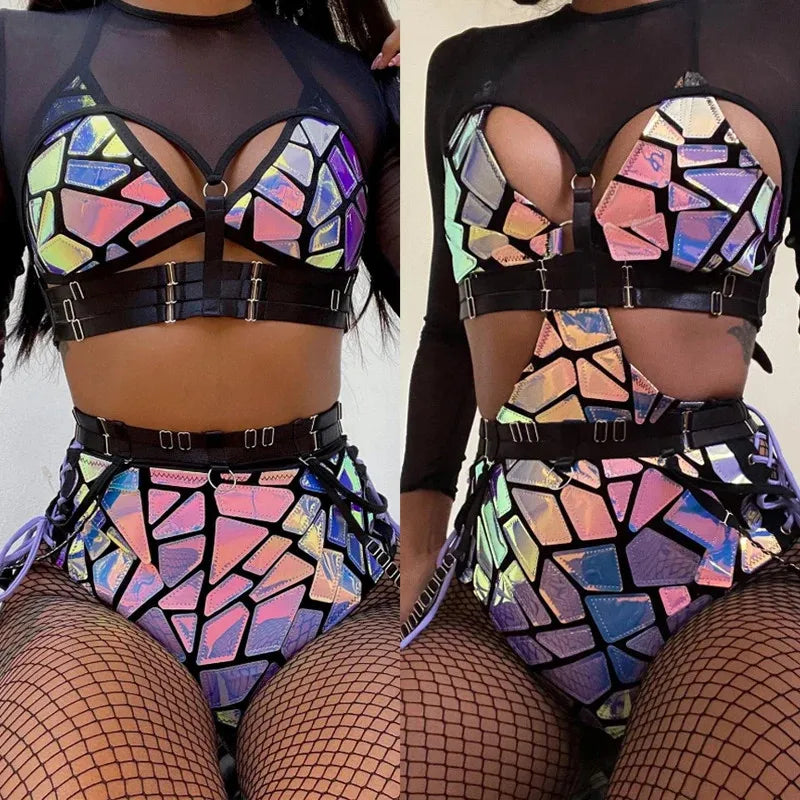 Holographic mirror tile rave set shown in both styles
