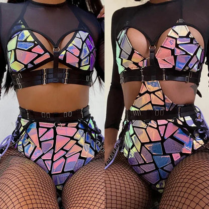 Holographic mirror tile rave set shown in both styles