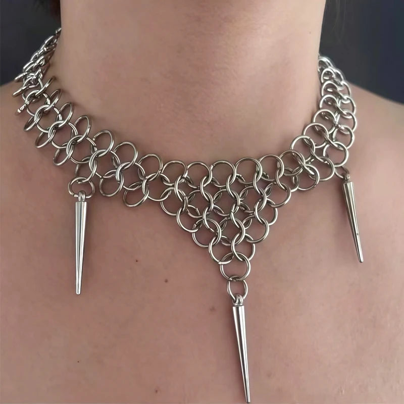 Silver chainmail spike collar necklace worn