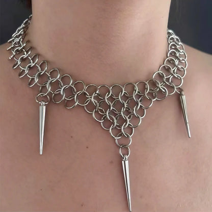 Silver chainmail spike collar necklace worn