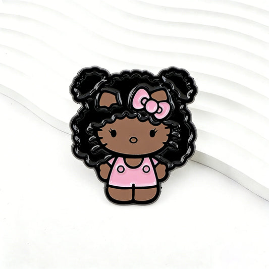 Kawaii kitty enamel pin with black curly hair and pink bow