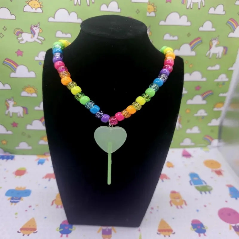 Sour Apple lollipop heart kandi necklace