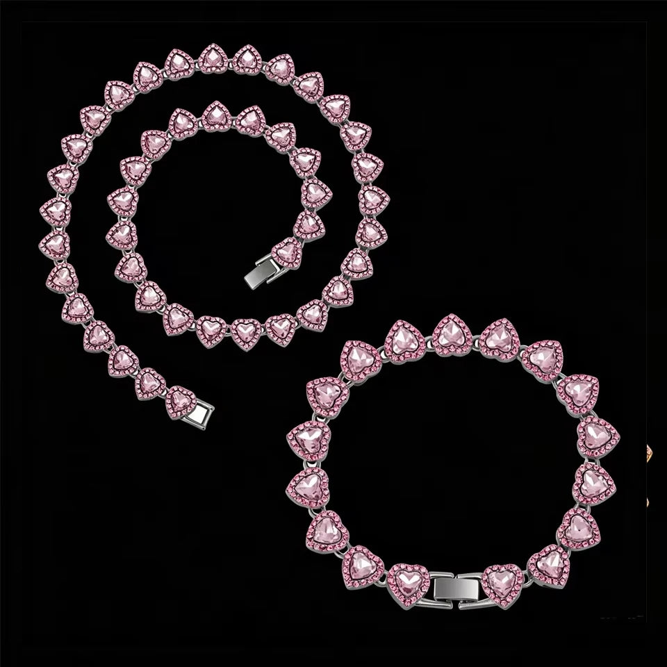 Pink on Chrome heart tennis chain and bracelet set