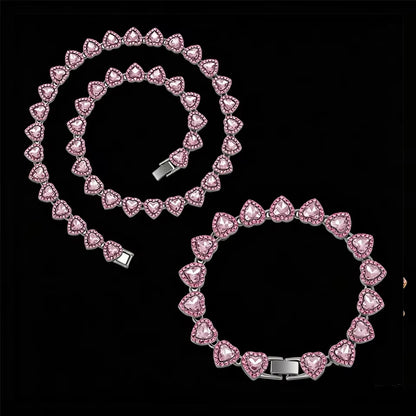 Pink on Chrome heart tennis chain and bracelet set