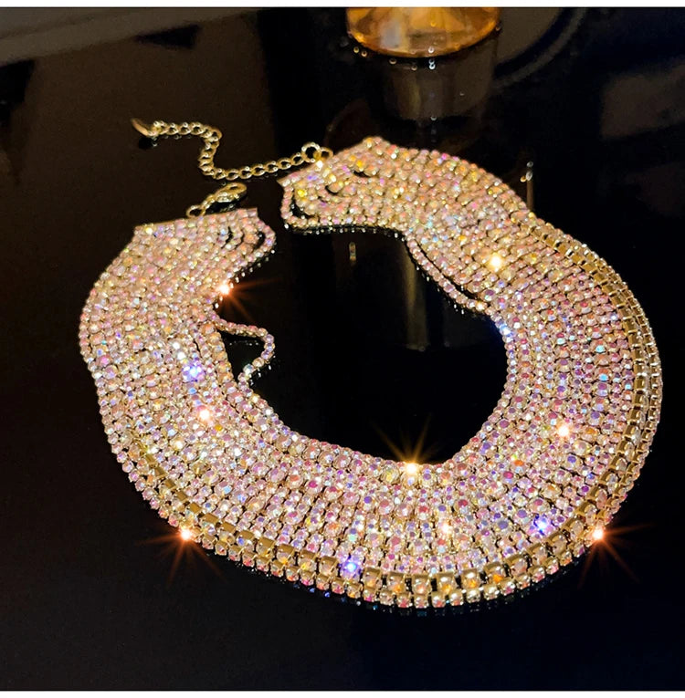 Wide multi-row crystal rhinestone statement collar choker