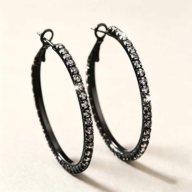 Matte Midnight black rhinestone hoop earrings