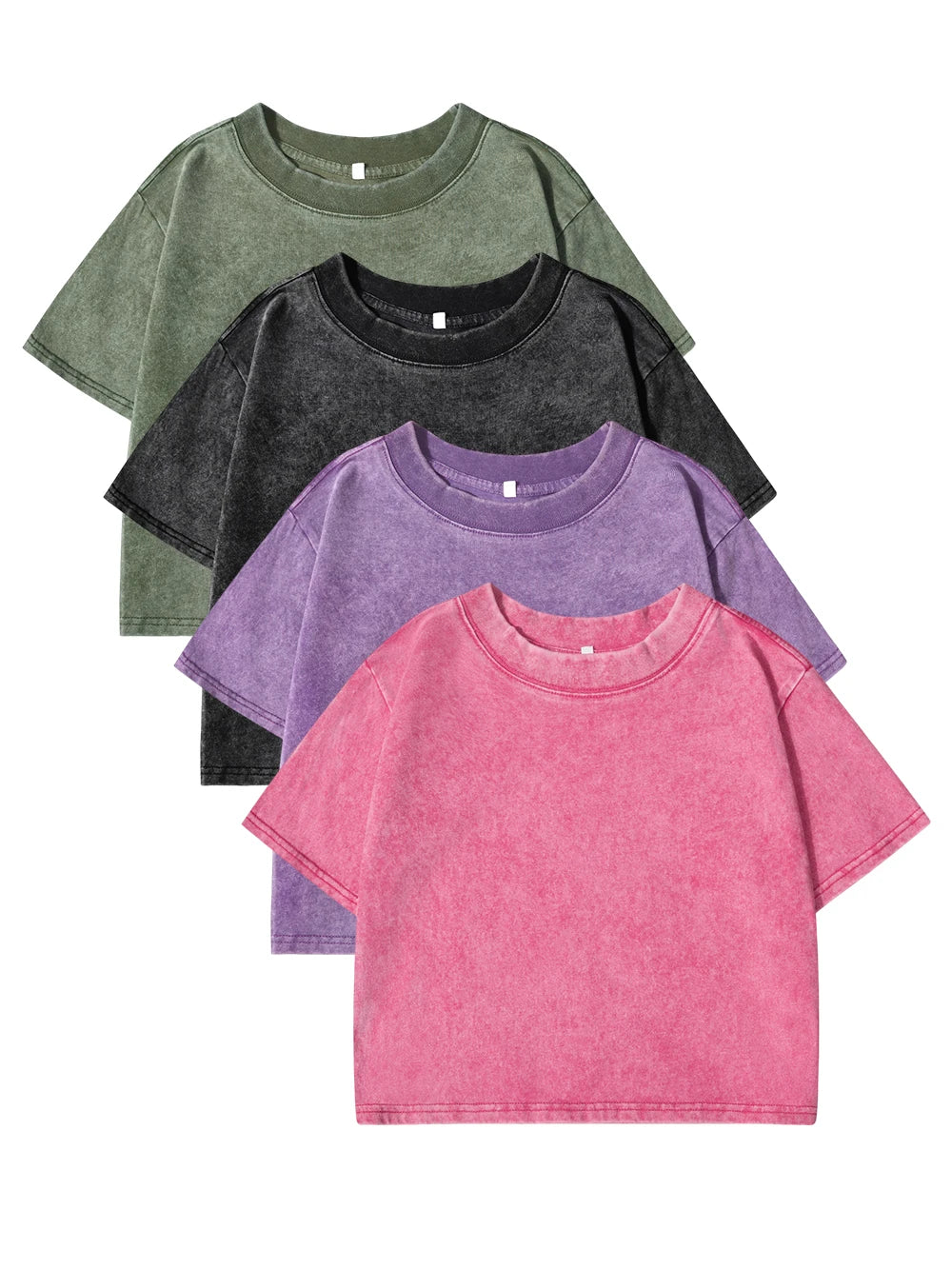 Stack of washed cotton crop tees in several colours