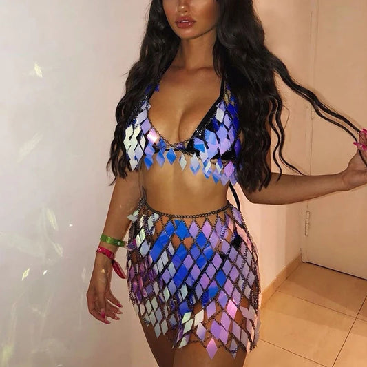 Sequin scale halter top and mini skirt set worn at a festival