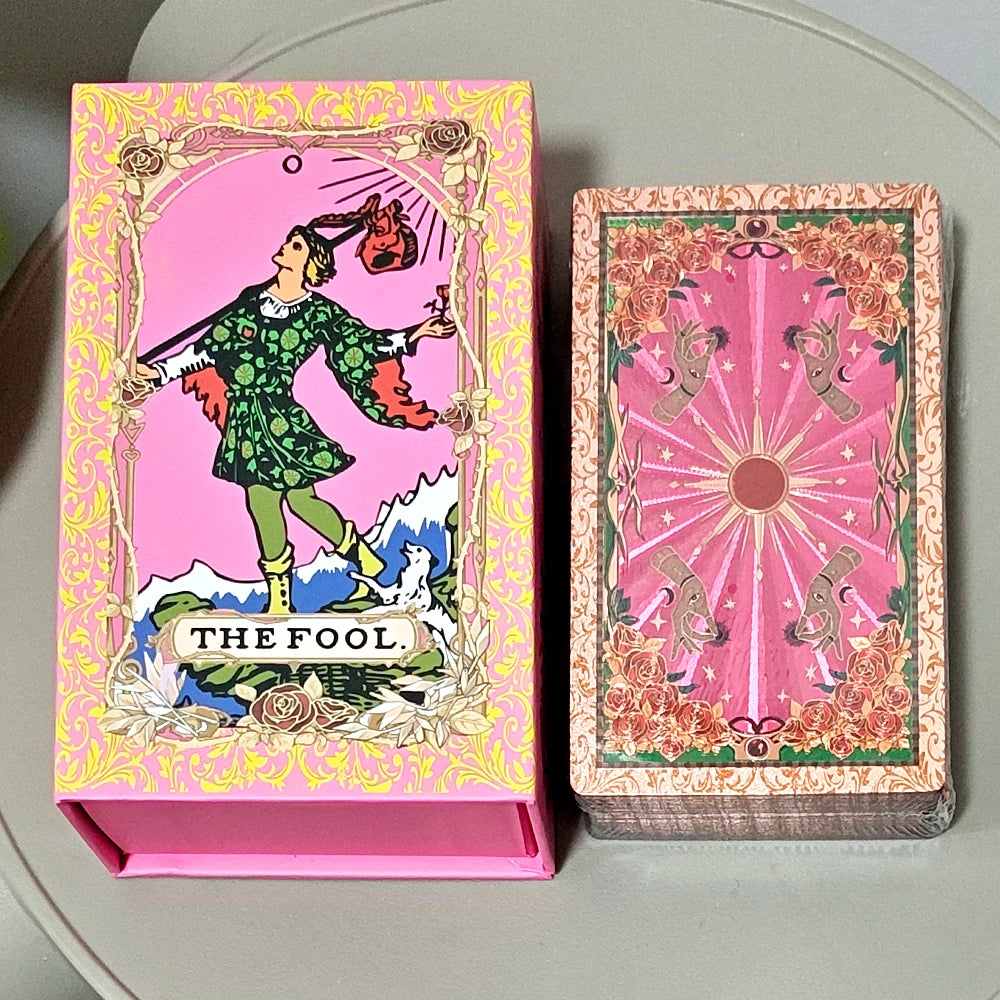 Pink foil tarot deck with The Fool box