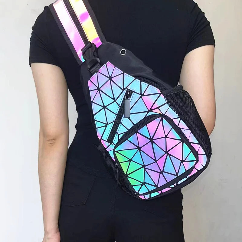 Luminous geometric sling bag worn across the body