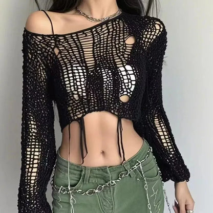Shredded open-knit cropped sweater in black, front view