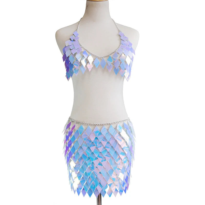 Iridescent Ice sequin scale top and skirt set
