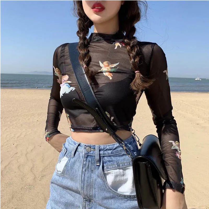 Fallen Angel Black cherub print sheer mesh mock neck crop top, front view