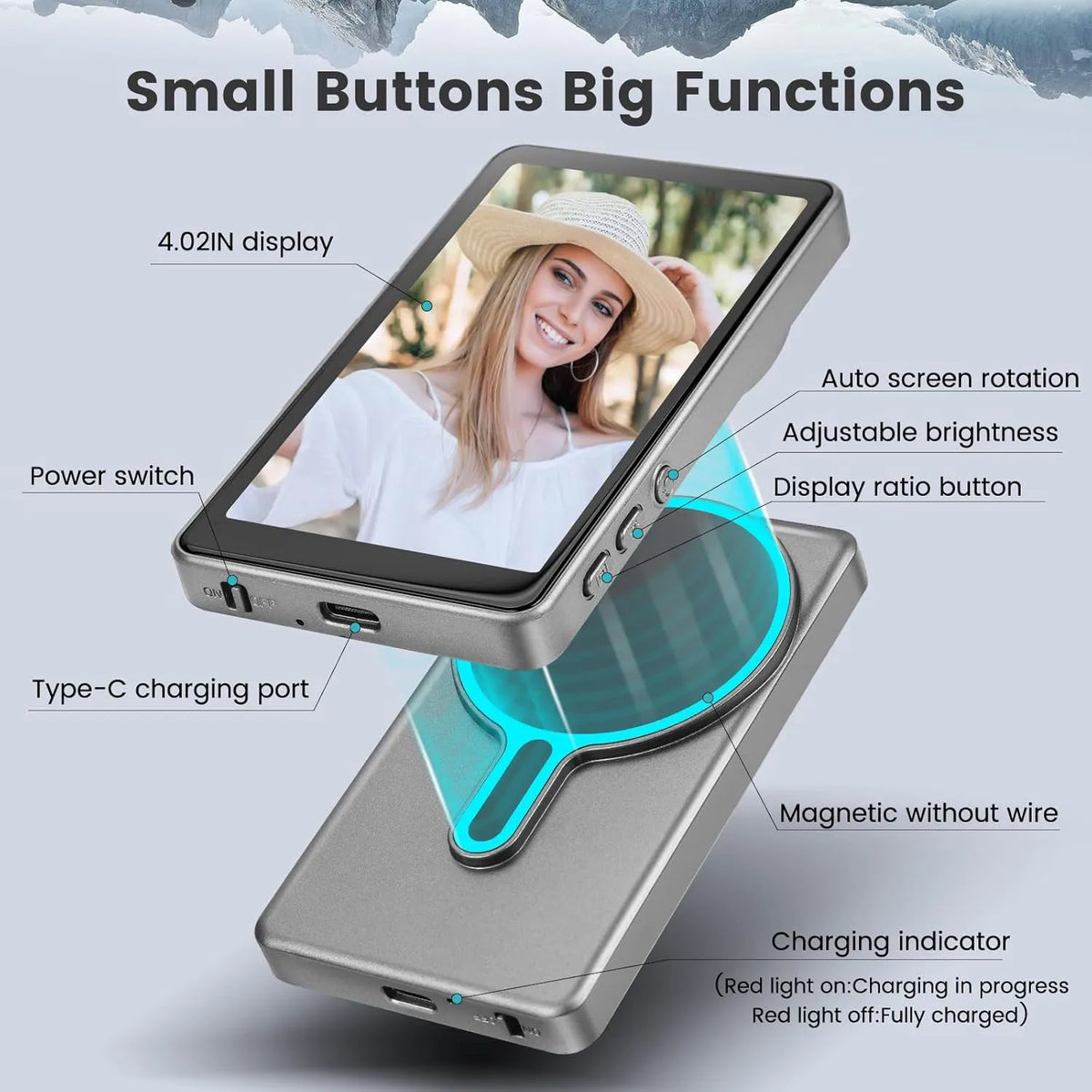 Buttons and ports - 4.02 inch display, power switch, brightness, display ratio, USB-C charging port, magnetic back