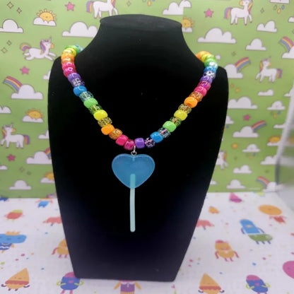 Blue Raspberry lollipop heart kandi necklace