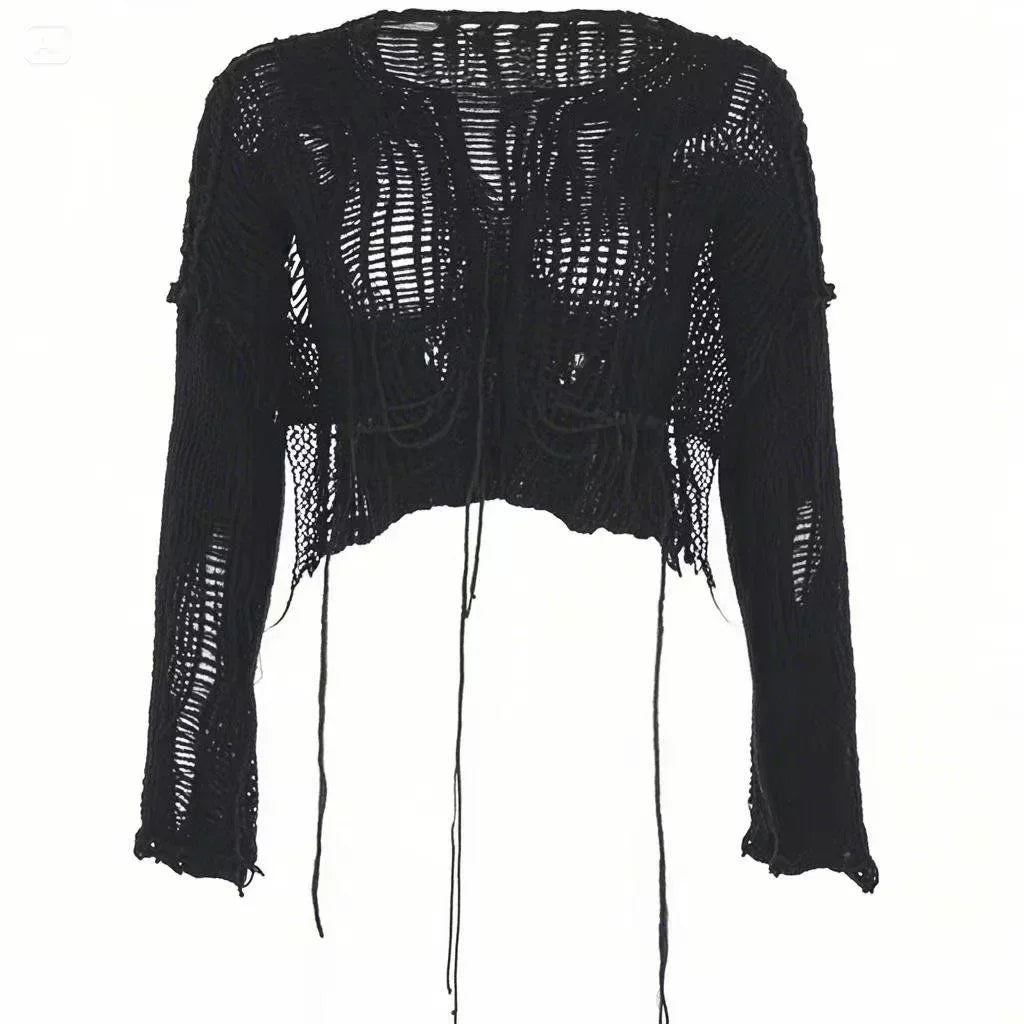 Black shredded knit crop sweater, front