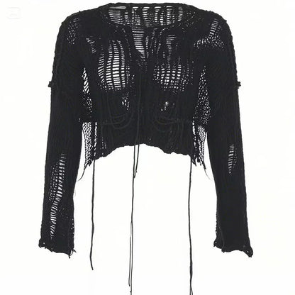 Black shredded knit crop sweater, front