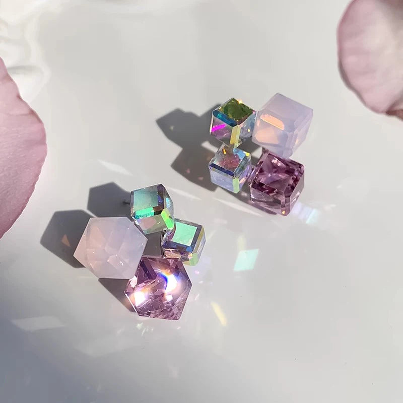 Iridescent crystal cube cluster stud earrings