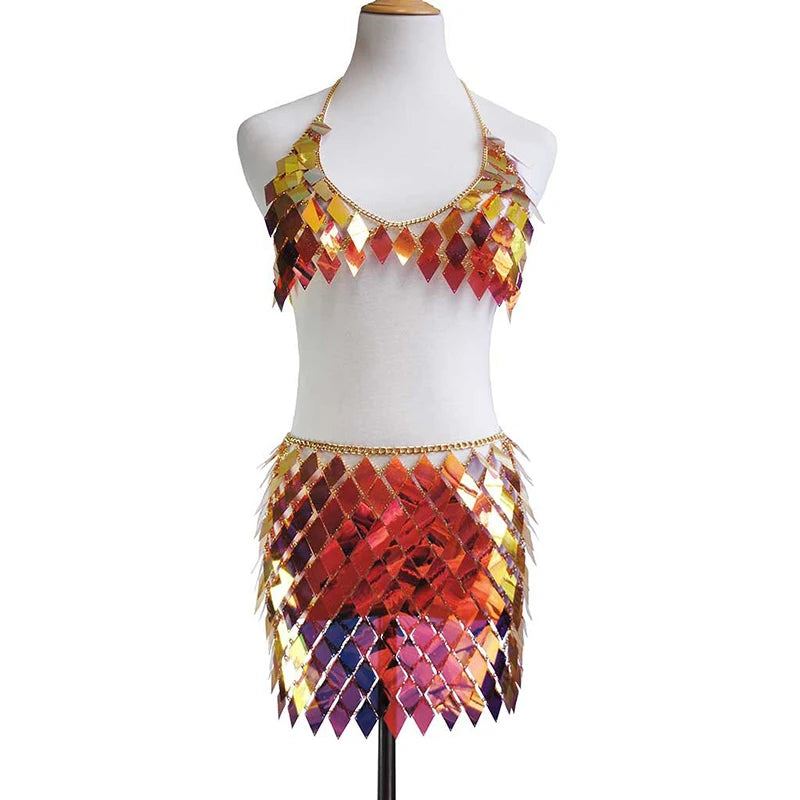 Solar Orange sequin scale top and skirt set
