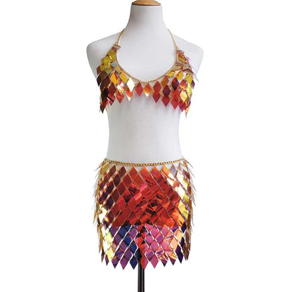 Solar Orange sequin scale top and skirt set