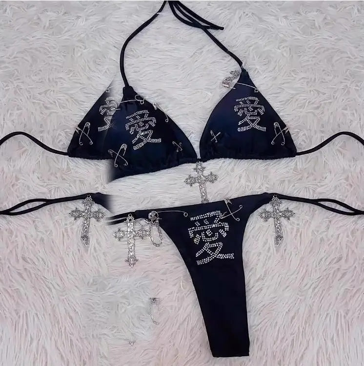 Love Note rhinestone bikini set laid flat