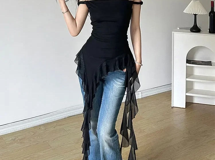 Black off-shoulder top with long chiffon ruffle tail hem