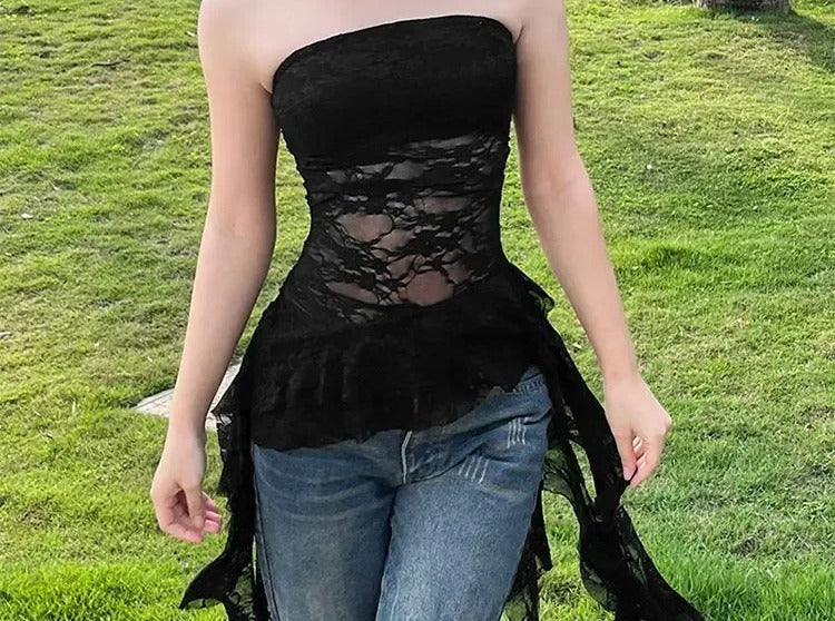 Black strapless tube top with sheer lace waist and ruffled lace point hem
