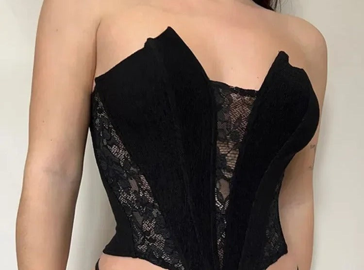 Black strapless corset top with sheer floral lace side panels