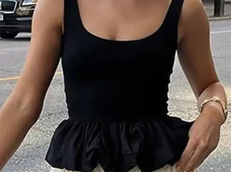 Black scoop neck tank with gathered bubble peplum hem