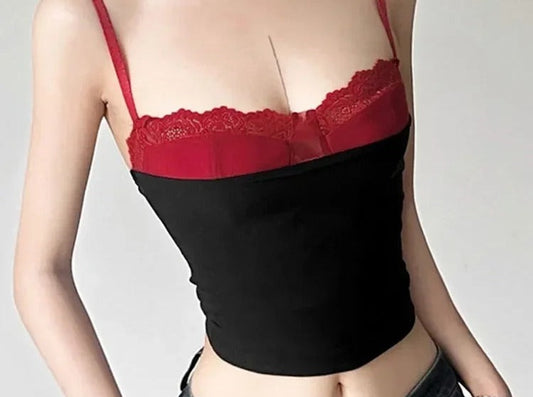 Black cami with red lace trimmed bust panel and red straps
