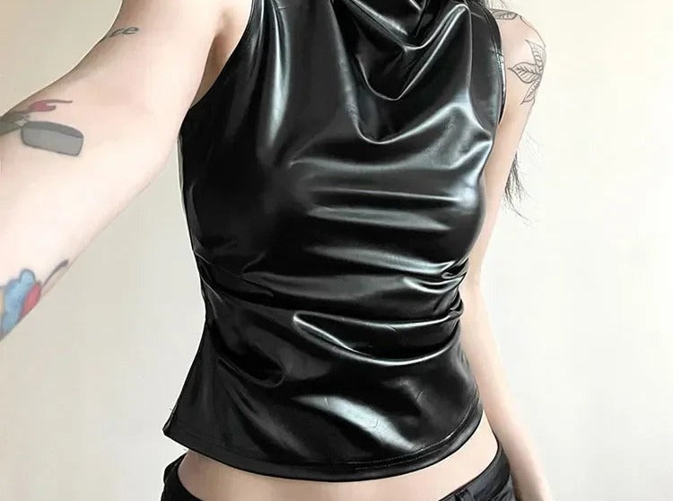 Black faux leather cowl neck halter top with open back